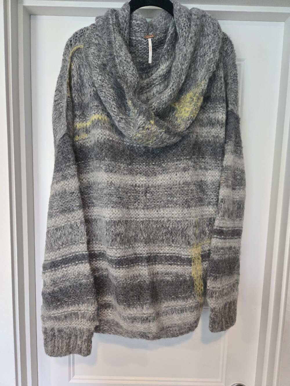 Free People Cozy Gray Striped Cowl Neck Sweater with Yellow Accent. Size M